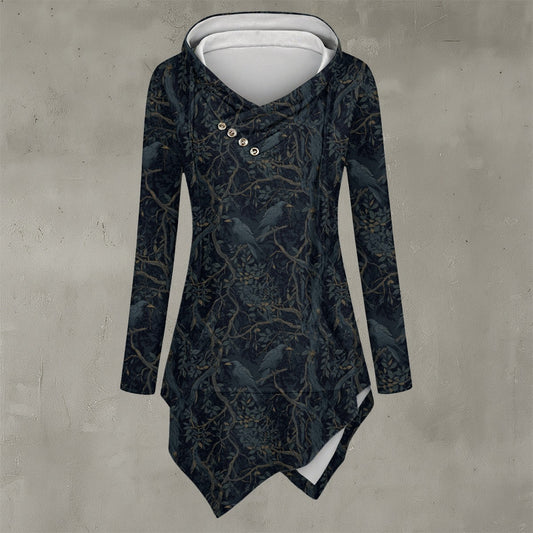 Dark patterned dress with buttons on a gray background