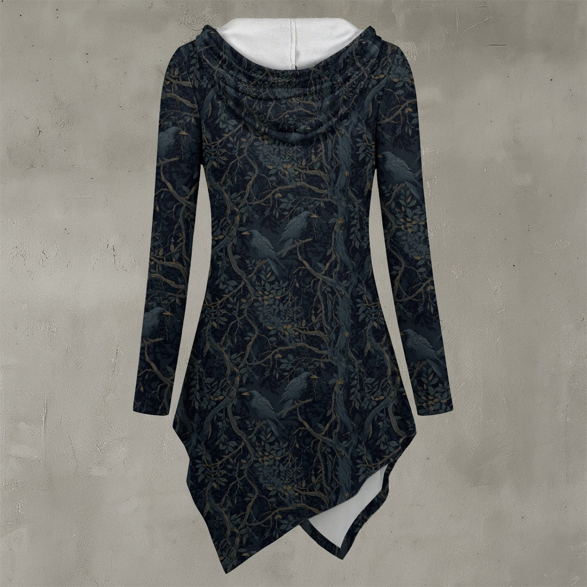 Dark patterned dress on a plain background