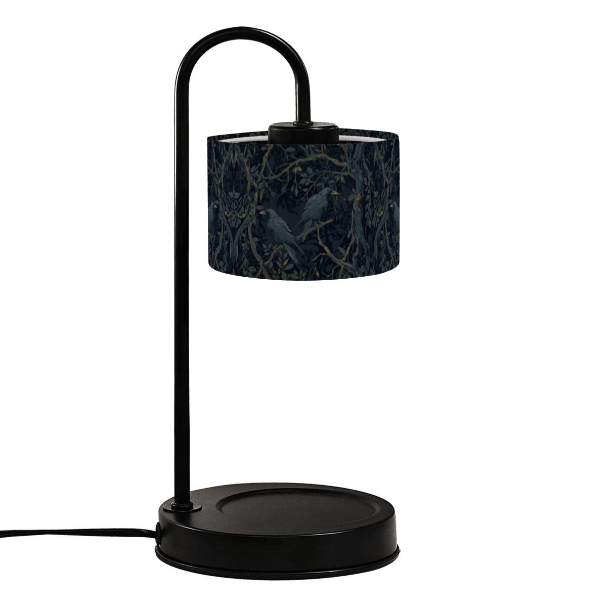 Black table lamp with a decorative shade on a white background