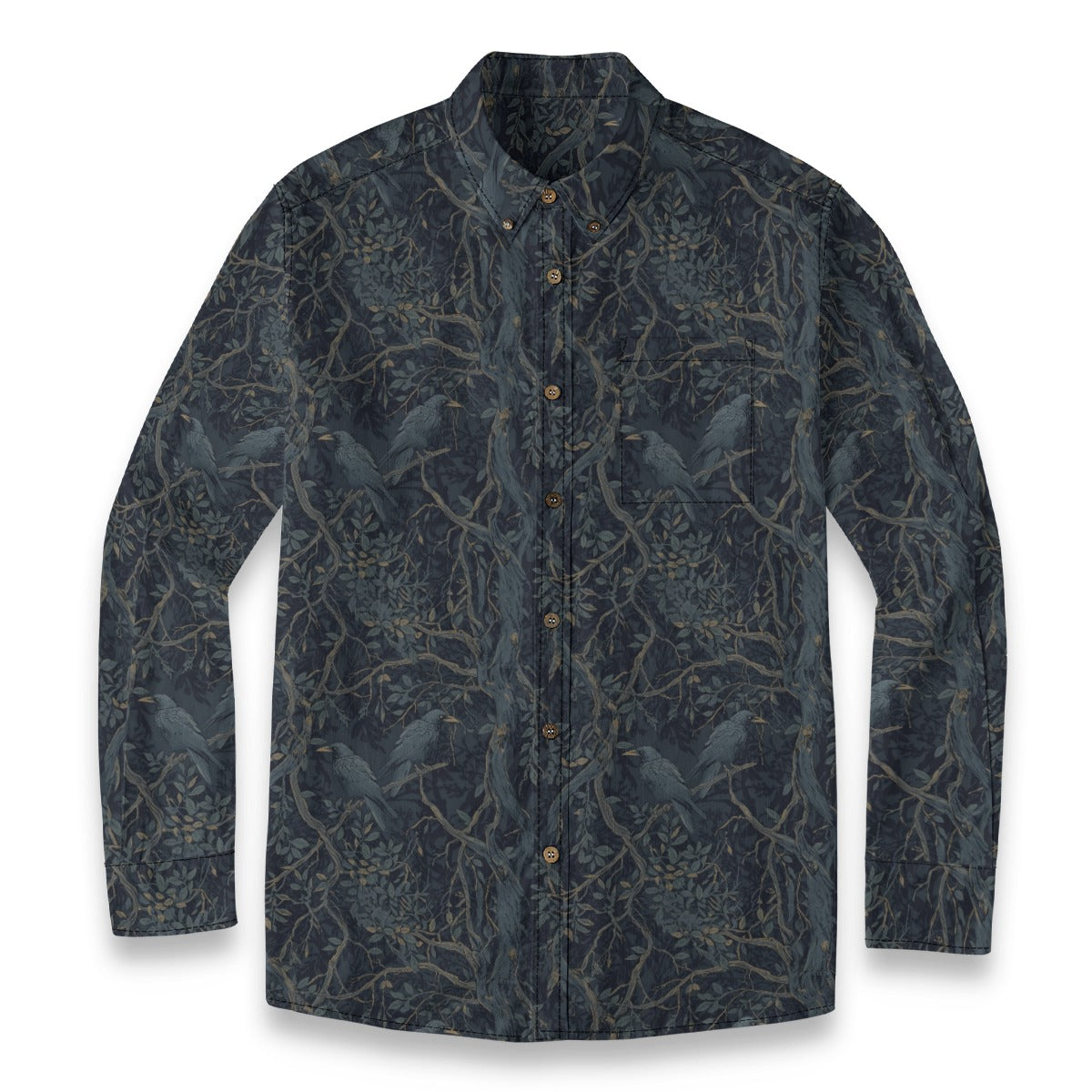 Dark denim shirt with bird and branch pattern on a white background