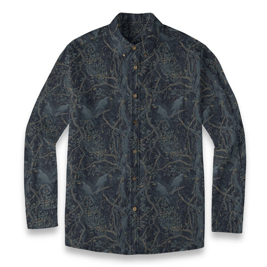 Dark denim shirt with bird and branch pattern on a white background