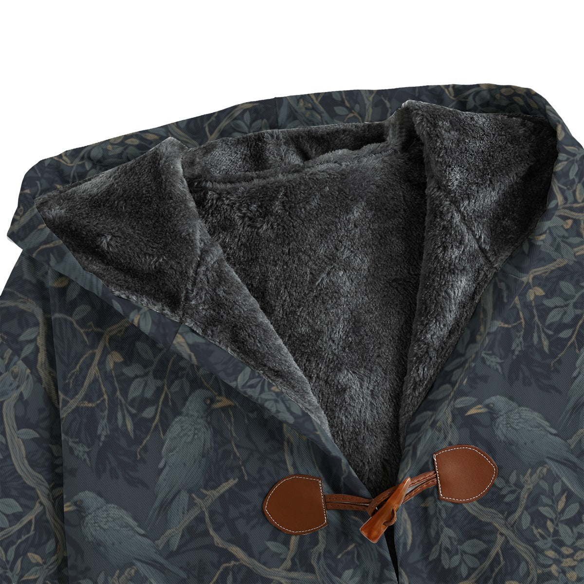 Close-up of a patterned coat with fur lining and leather buttons on a white background