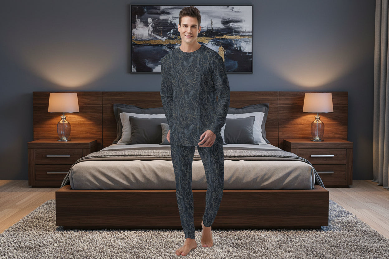 Man wearing a patterned pajama set on a white background