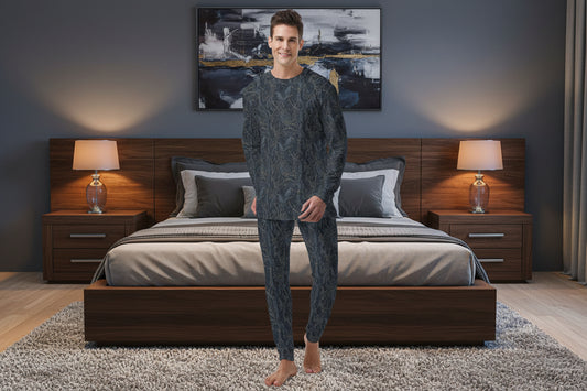 Man wearing a patterned pajama set on a white background