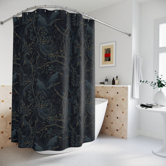Black floral-patterned shower curtain in a bathroom setting