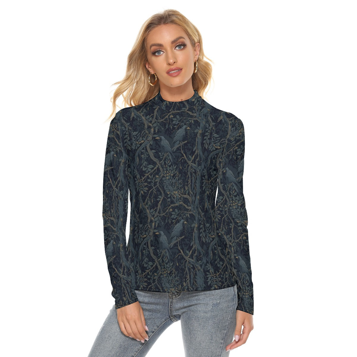 Woman wearing a dark patterned long-sleeve top on a white background
