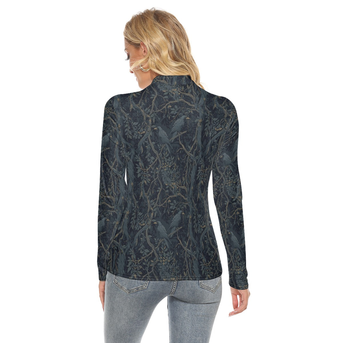 Woman wearing a patterned long-sleeve top on a white background