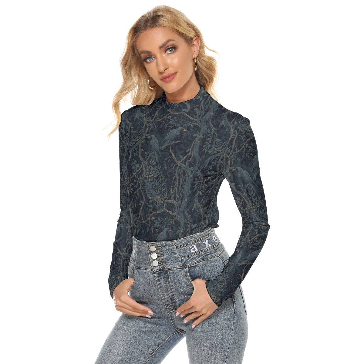 Woman wearing a patterned long-sleeve top and high-waisted jeans on a white background