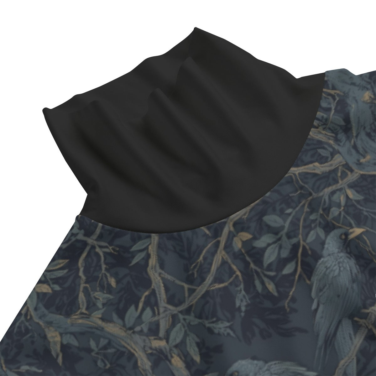 Black fabric swatch on a patterned fabric background