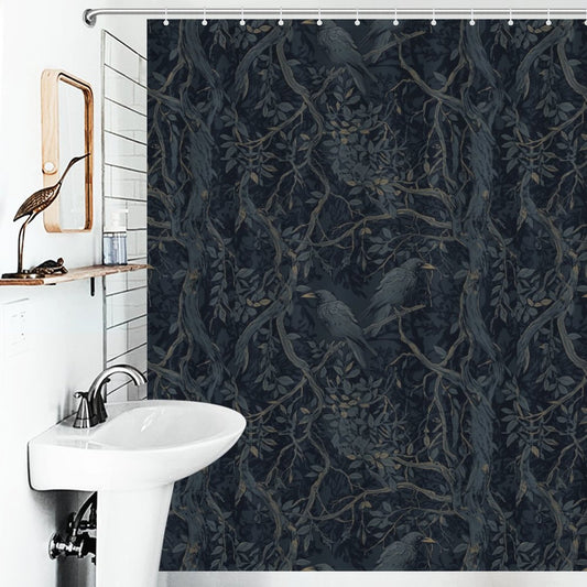 Bathroom with a dark floral-patterned shower curtain.