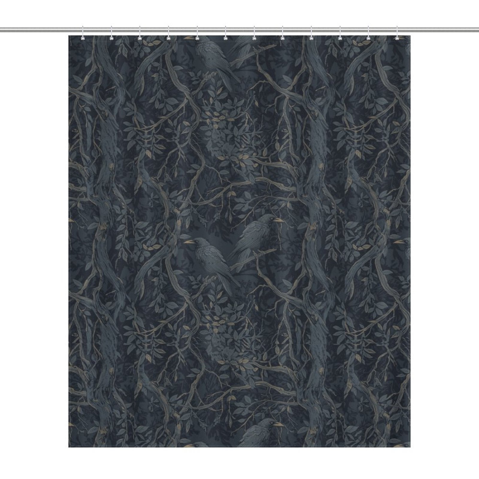 Shower curtain with dark floral and branch pattern on a black background