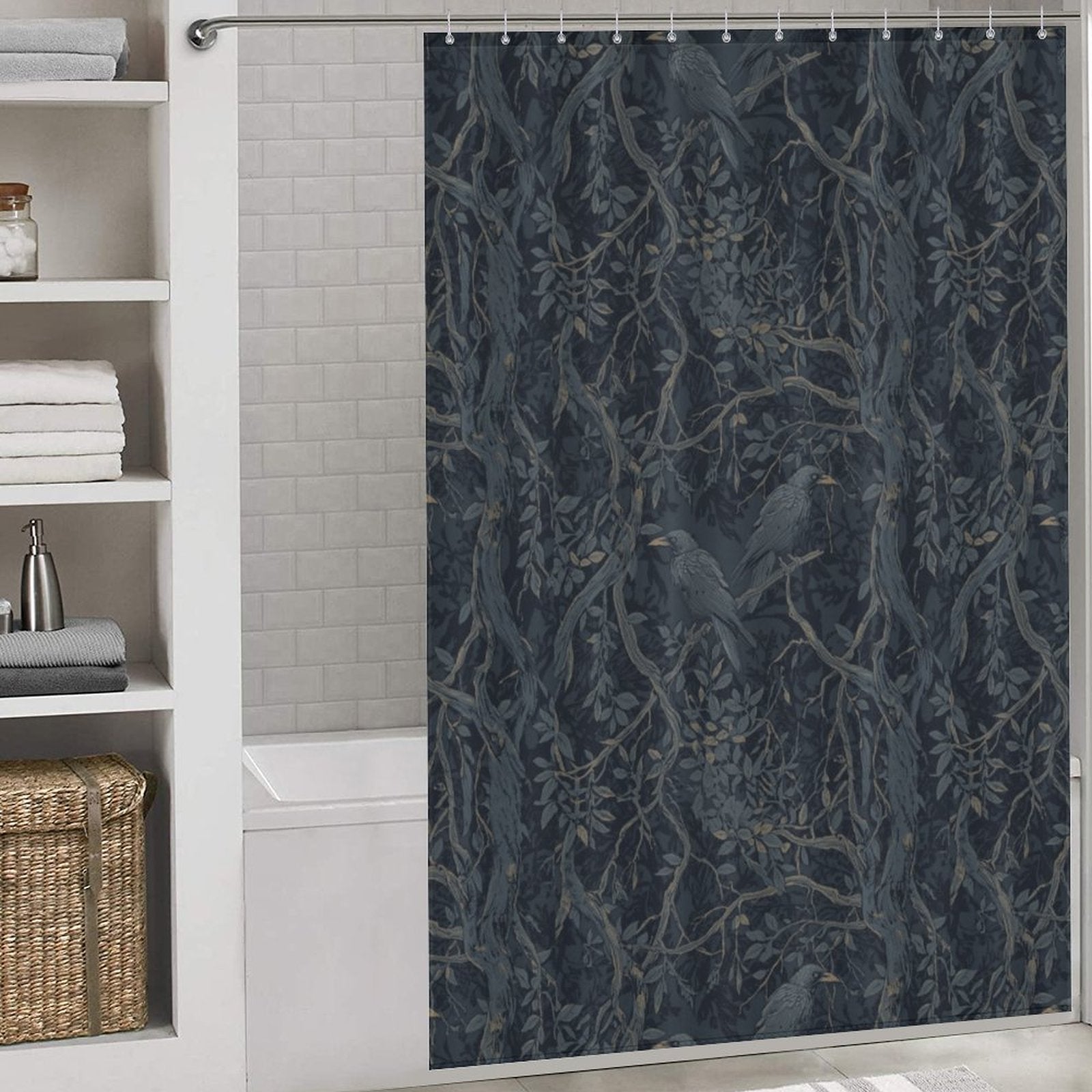 Shower curtain with nature-themed design in a bathroom setting