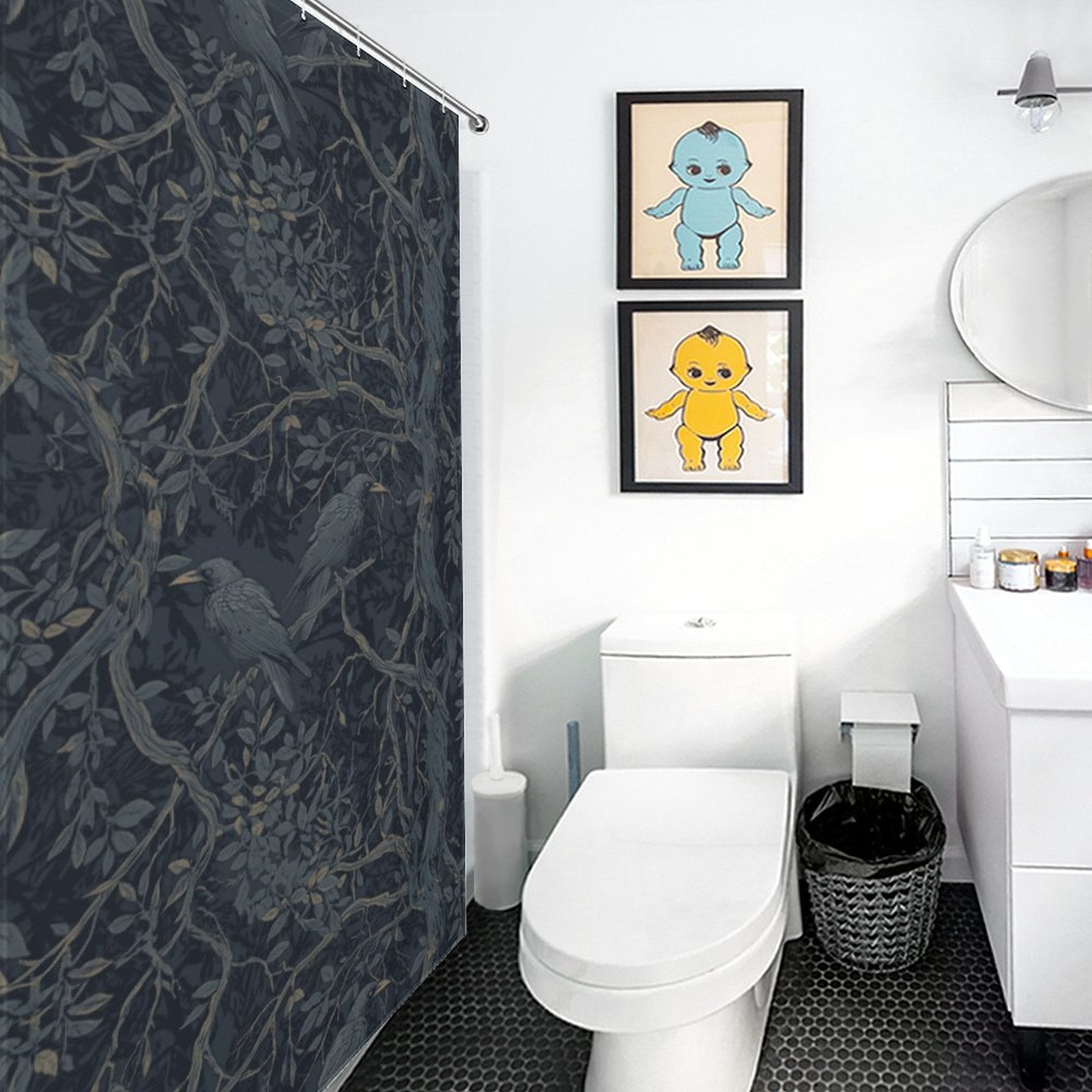 Bathroom with white toilet, black patterned shower curtain, and framed artwork on the wall.