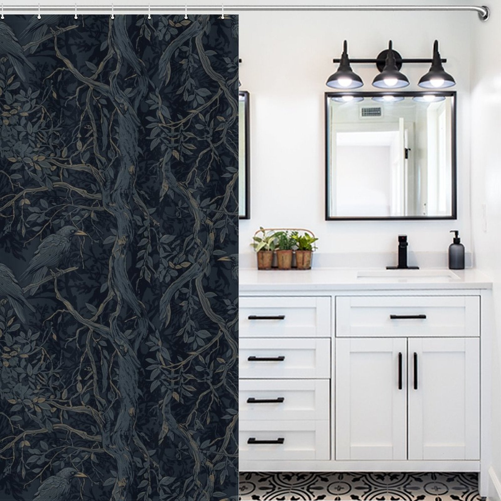 Bathroom with white vanity, mirror, and decorative shower curtain with nature-themed design.