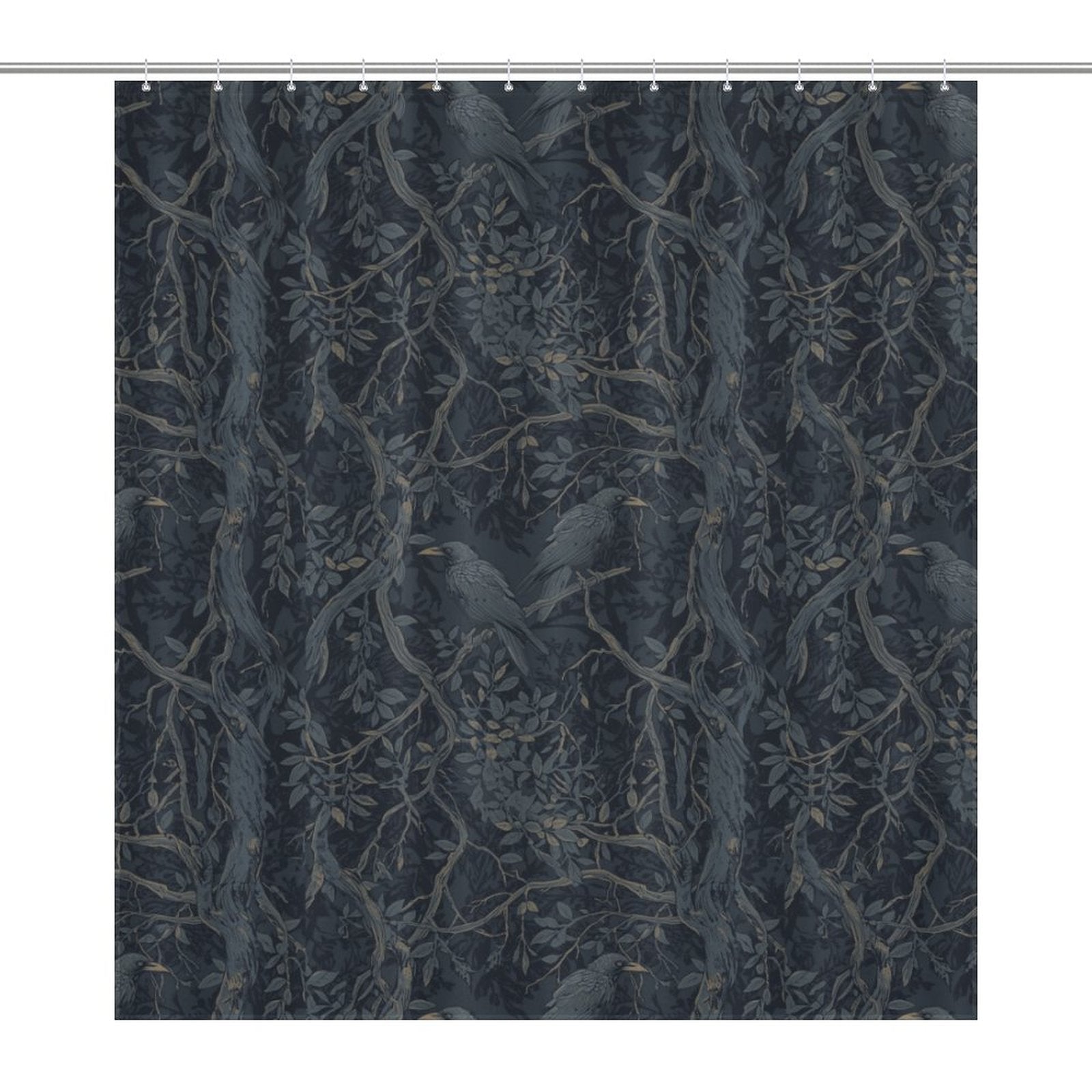 Dark blue shower curtain with bird and branch pattern