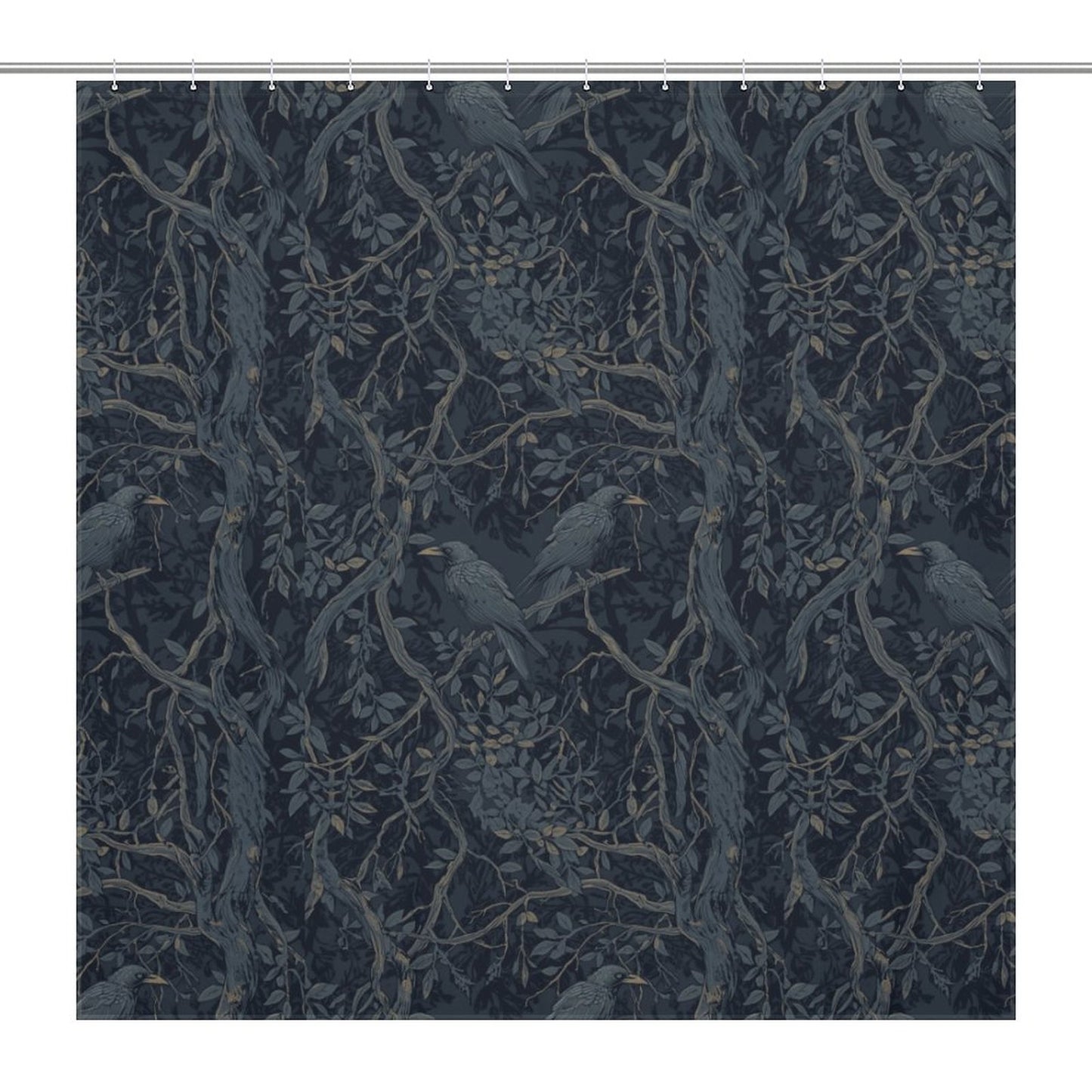 Shower curtain with bird and branch pattern on a dark blue background