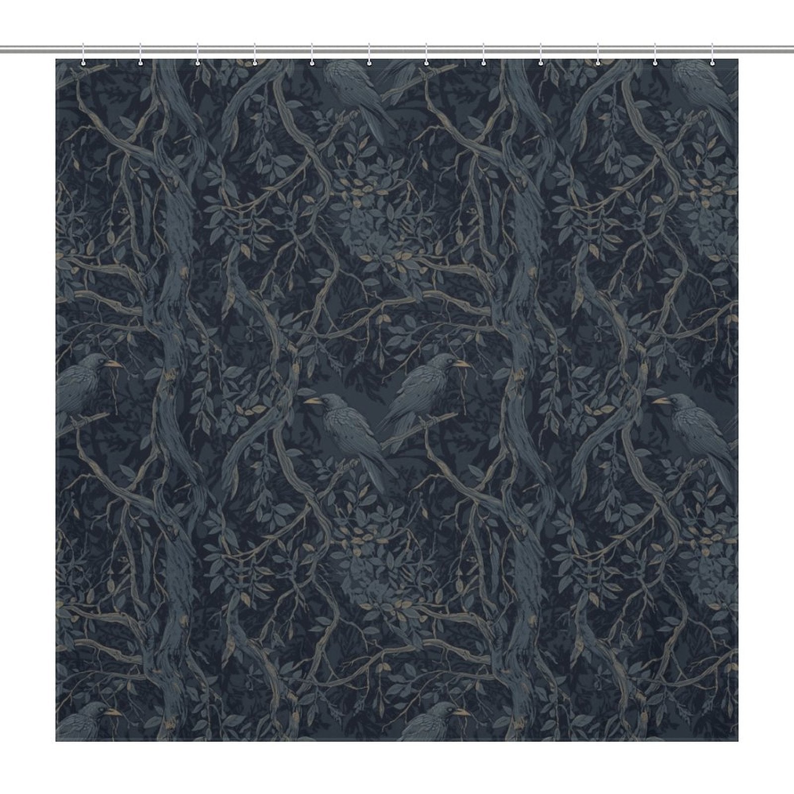 Shower curtain with bird and branch pattern on a dark blue background