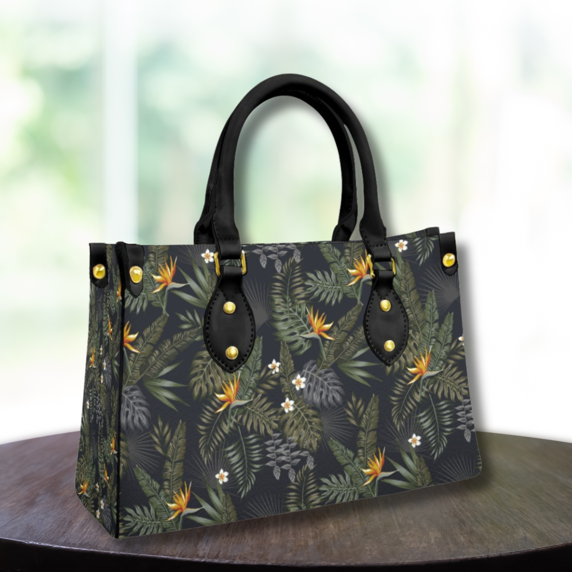 Handbag with floral pattern on a round wooden platform