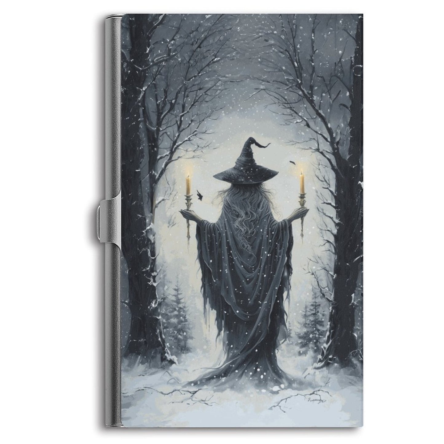 A business card holder with a winter forest witch theme, featuring a dark forest scene with a witch figure in the center.