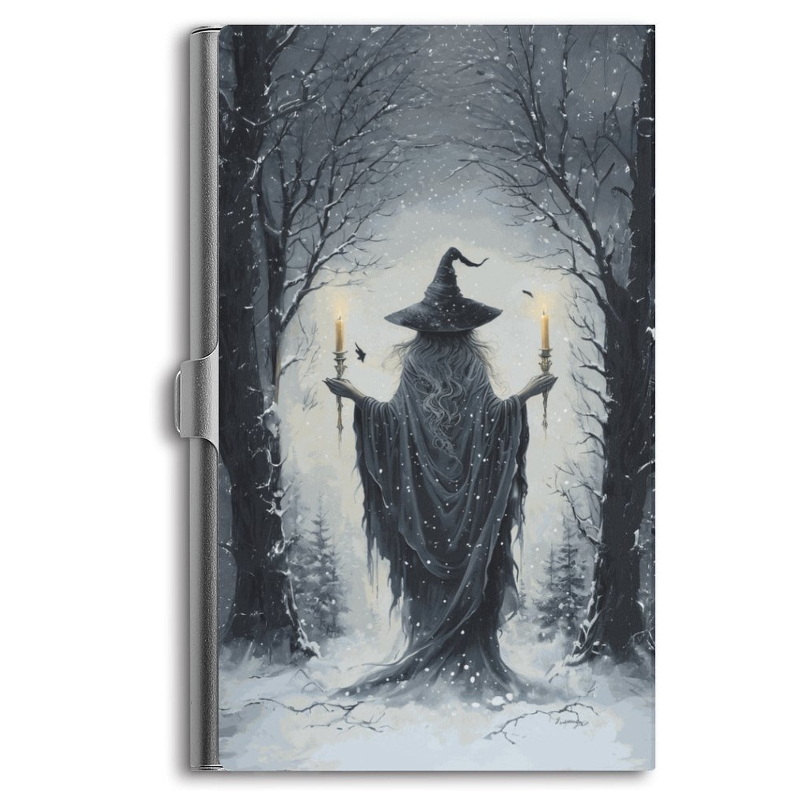 A business card holder with a winter forest witch theme, featuring a dark forest scene with a witch figure in the center.