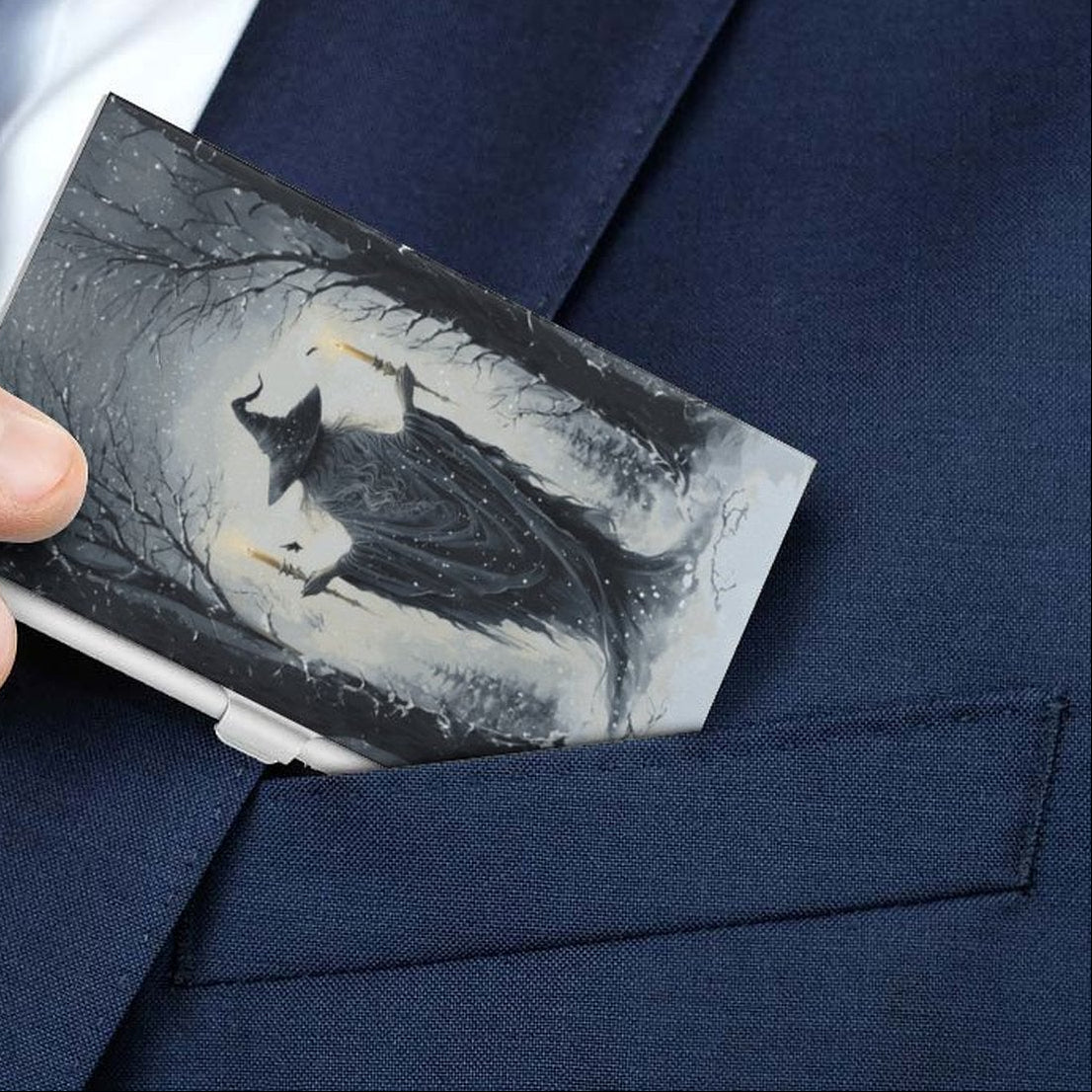 Winter Forest Witch Aluminum Business Card Holder: Folklore Witchy Decor