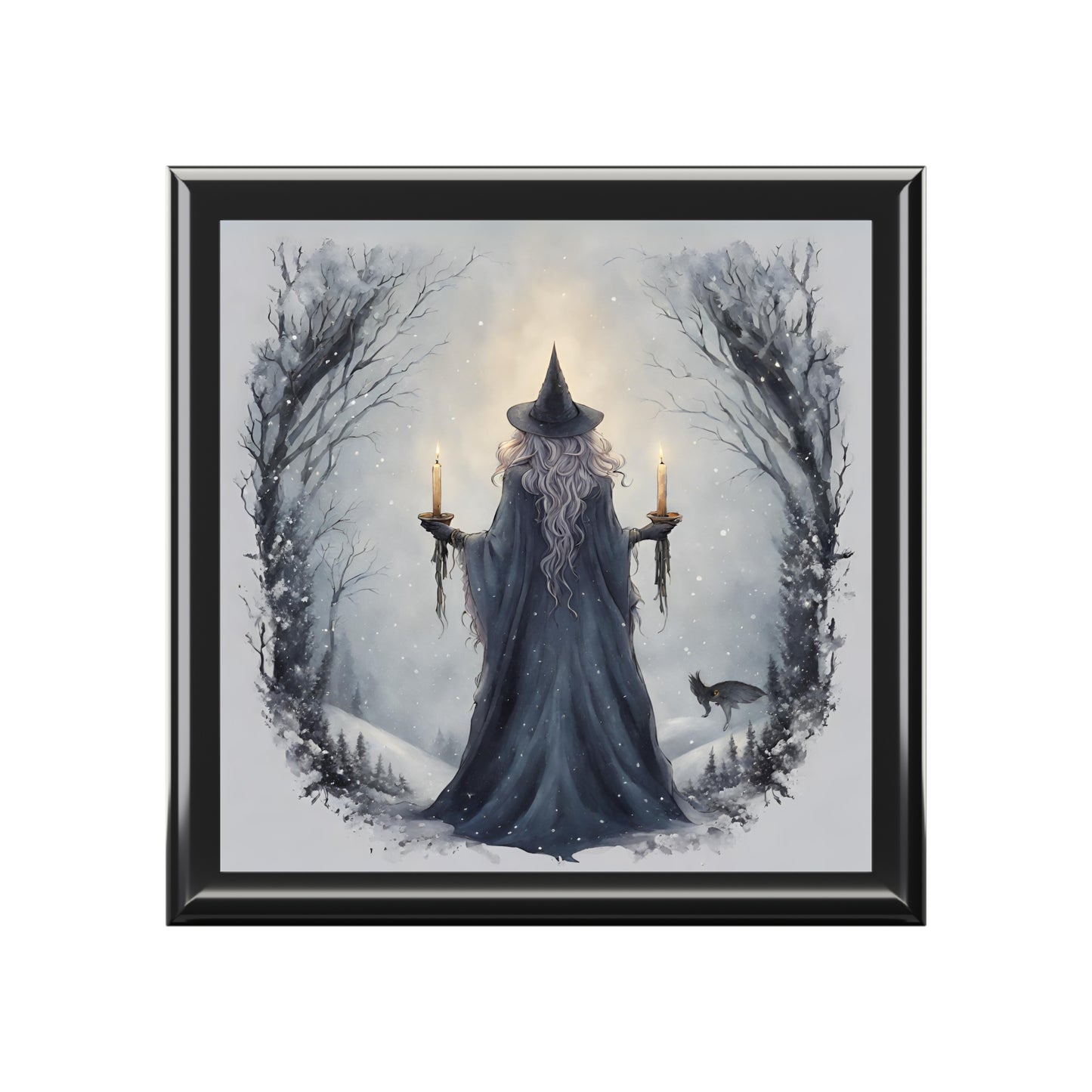 Framed artwork of a wizard in a snowy landscape with candles and a black frame.
