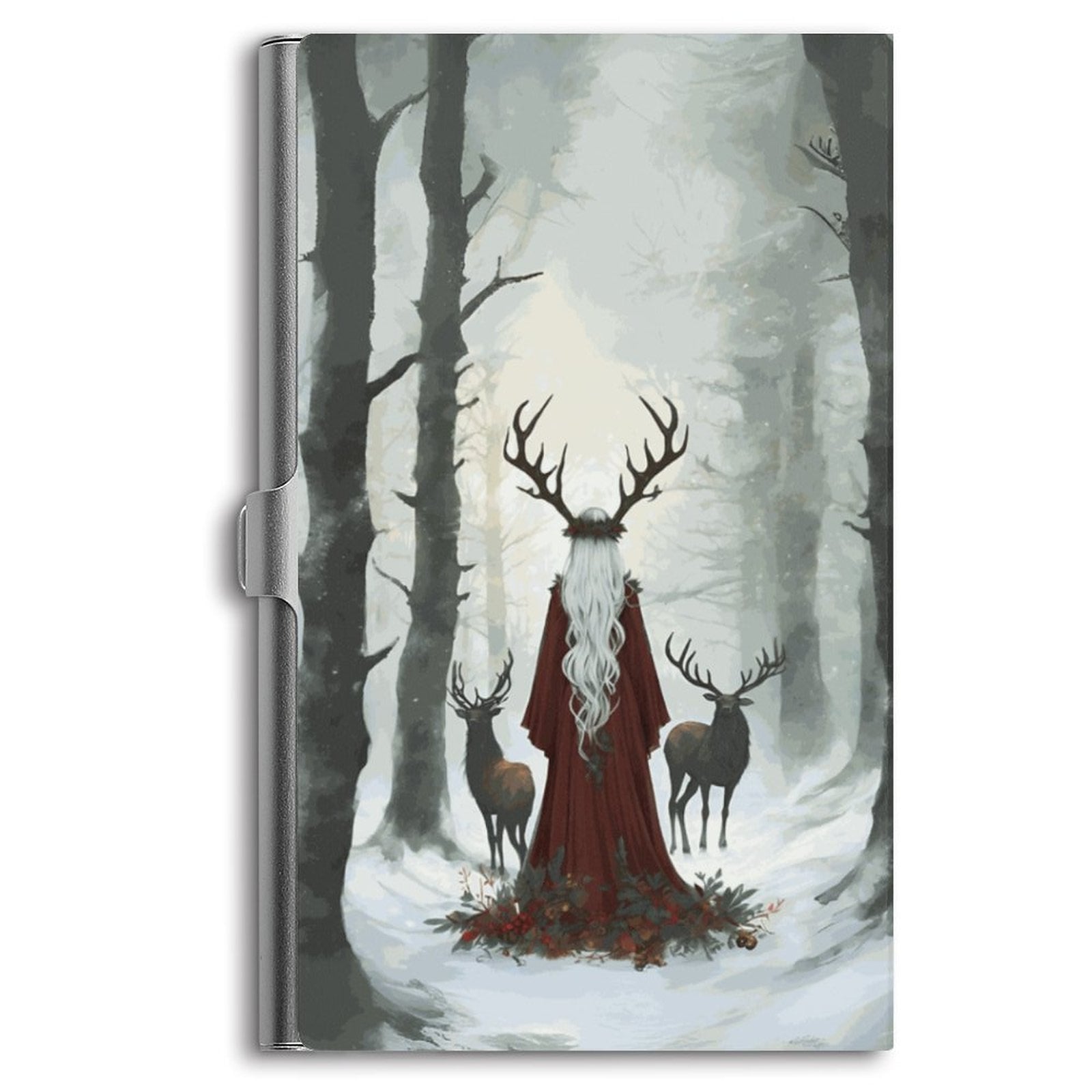 Business card holder with artistic design of deer and trees on a gray background