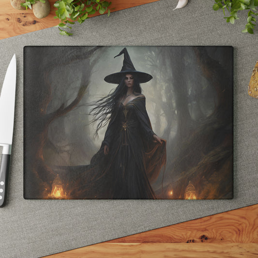 Witch in a dark forest on a cutting board with a knife beside it
