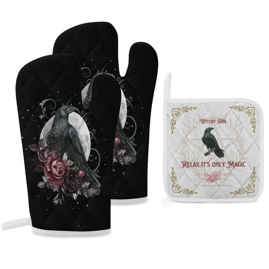 Witchcore Oven Mitts & Pot Holder Set: Black Crow, Wiccan Kitchen Decor