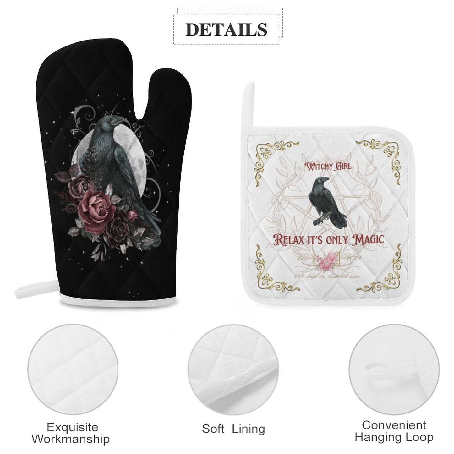 Witchcore Oven Mitts & Pot Holder Set: Black Crow, Wiccan Kitchen Decor