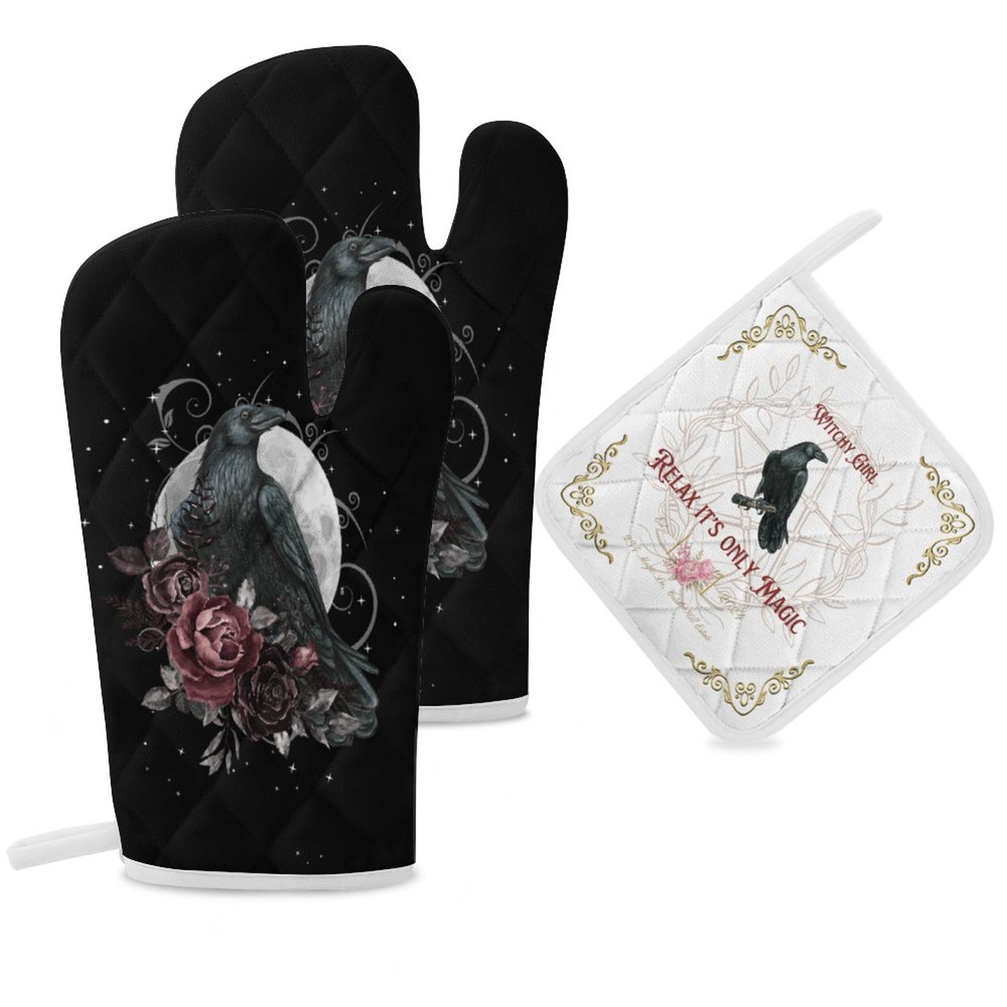 Witchcore Oven Mitts & Pot Holder Set: Black Crow, Wiccan Kitchen Decor