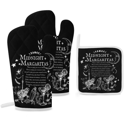 Black oven mitts and pot holder with 'Midnight Margaritas' design on a white background