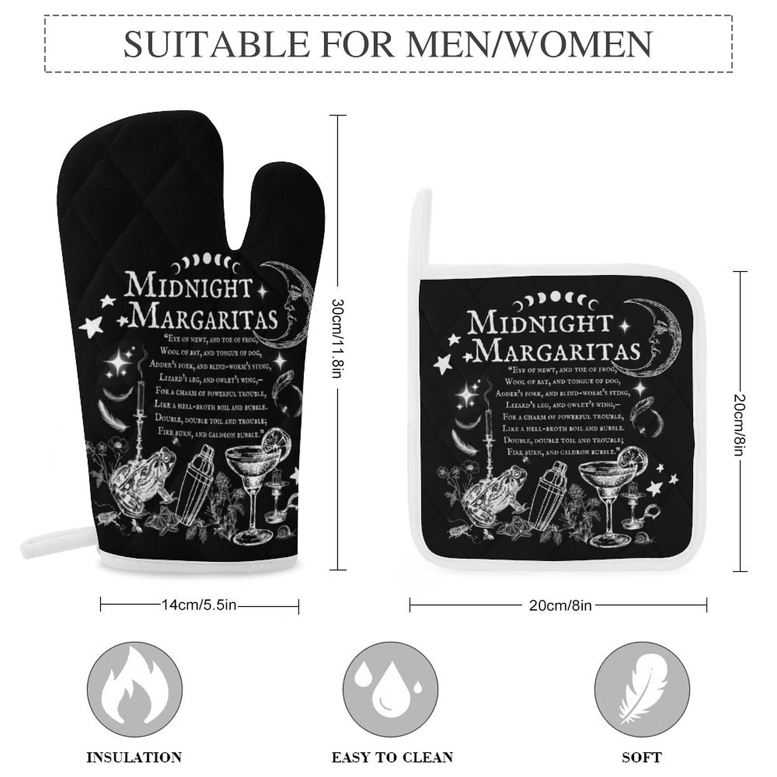 Oven mitt and pot holder set with 'Midnight Margaritas' design, suitable for men and women.