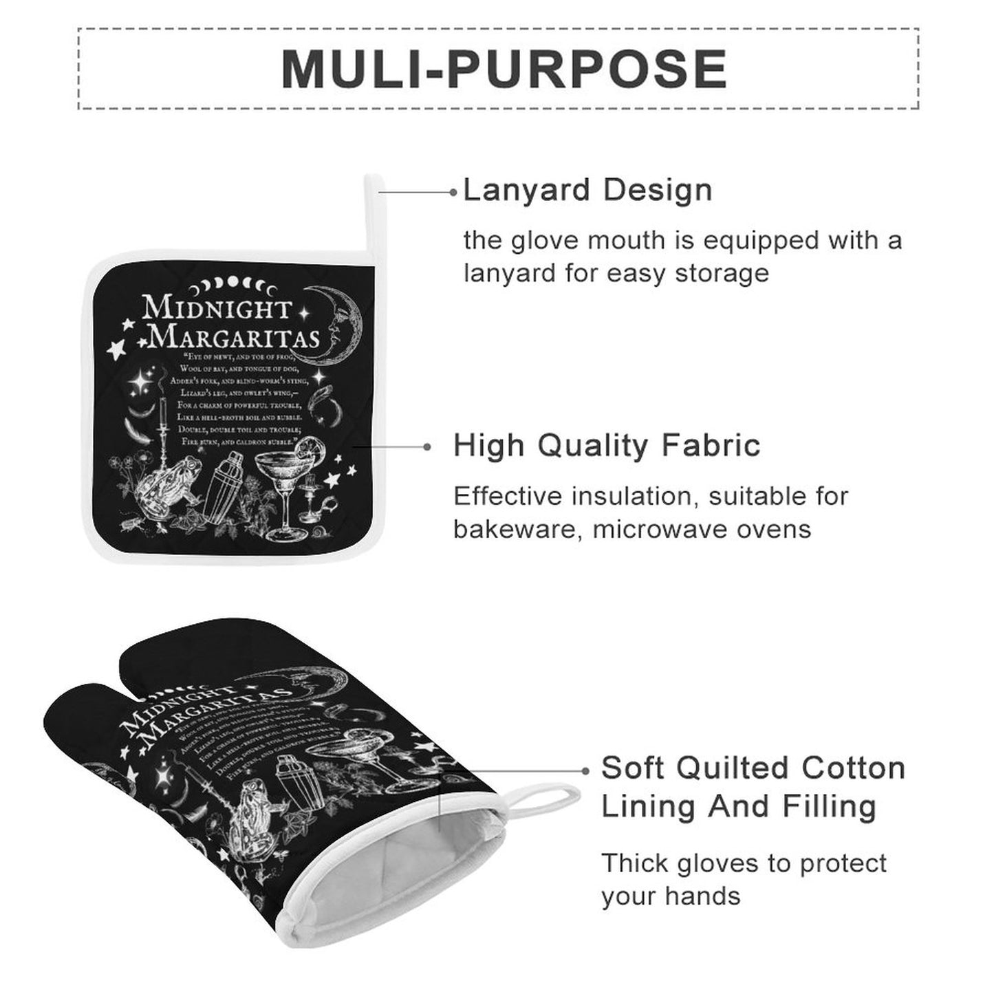 Oven mitt with 'Midnight Margaritas' design and features listed on a white background