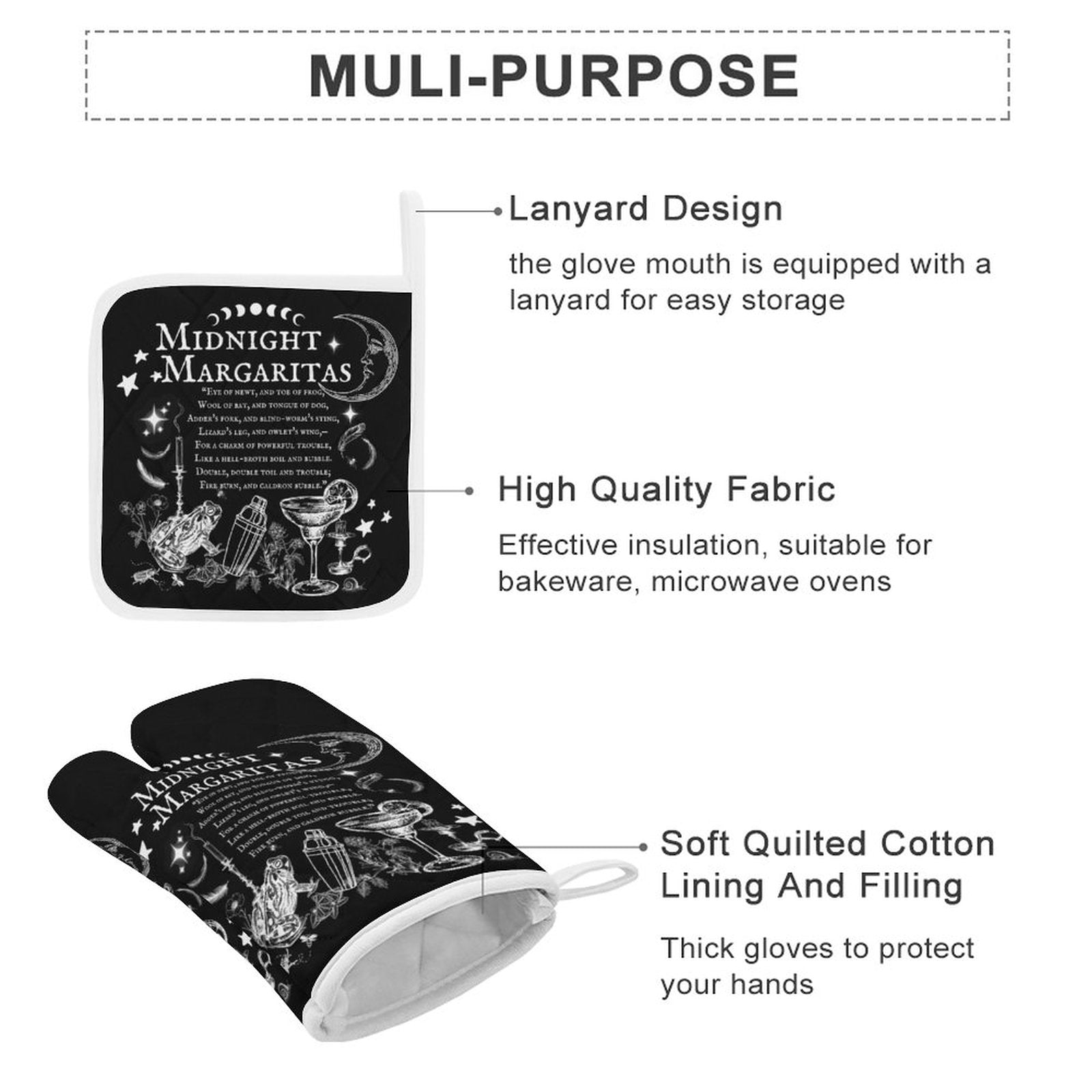Oven mitt with 'Midnight Margaritas' design and features listed on a white background