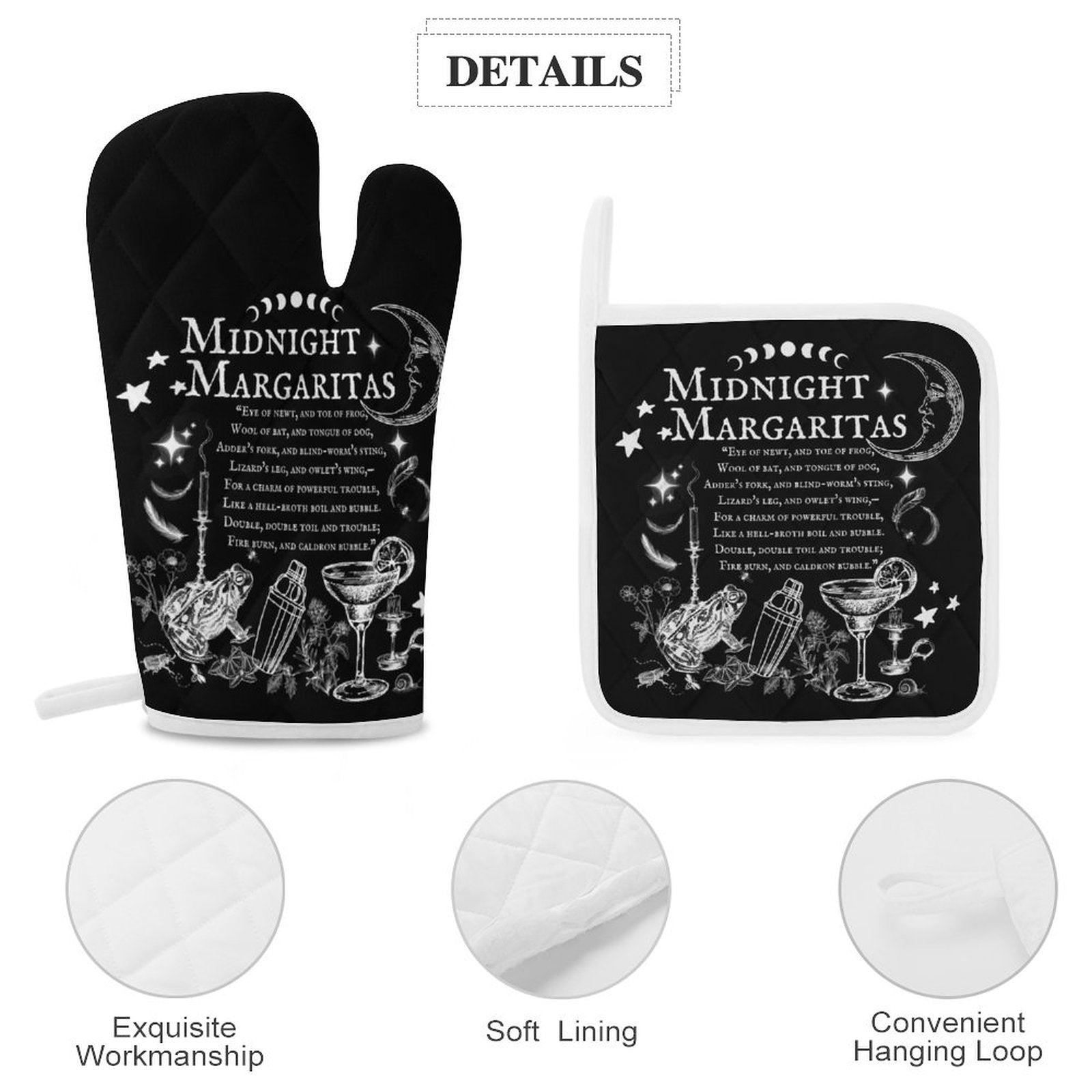Black and white oven mitt and pot holder set with 'Midnight Margaritas' design, featuring text and cocktail graphics.
