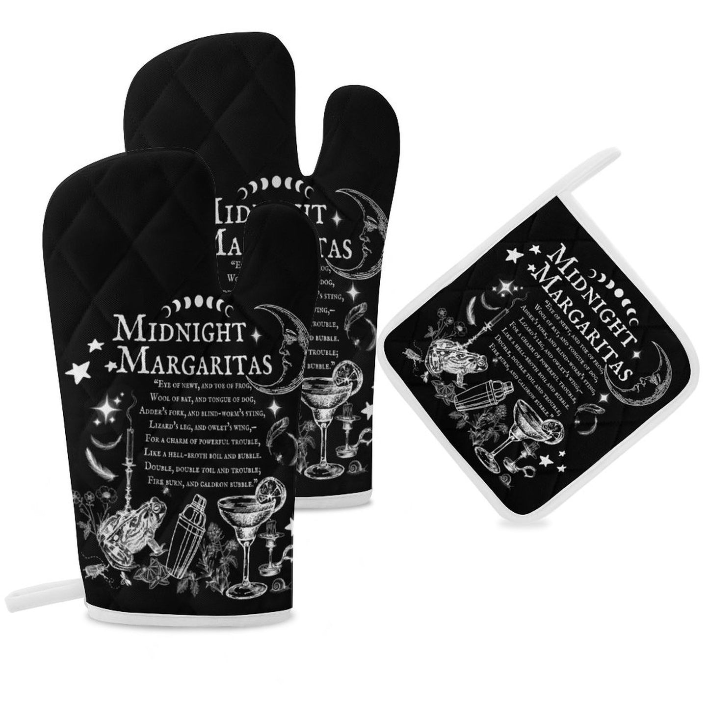 Black oven mitt and pot holder set with 'Midnight Margaritas' design on a white background