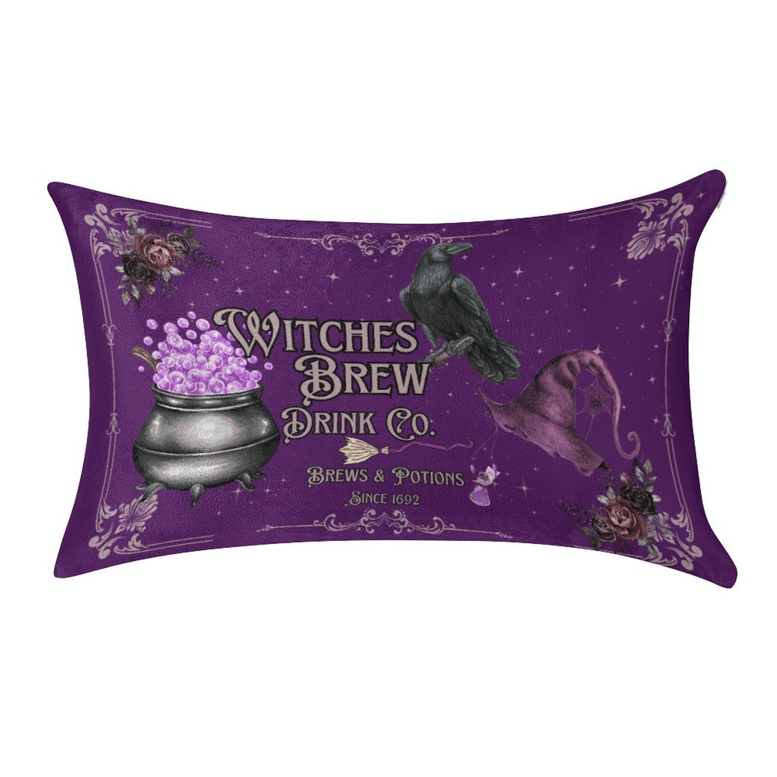 Purple pillow with 'Witches Brew Drink Co.' design featuring a pot of purple powder, a black cat, and a raven.