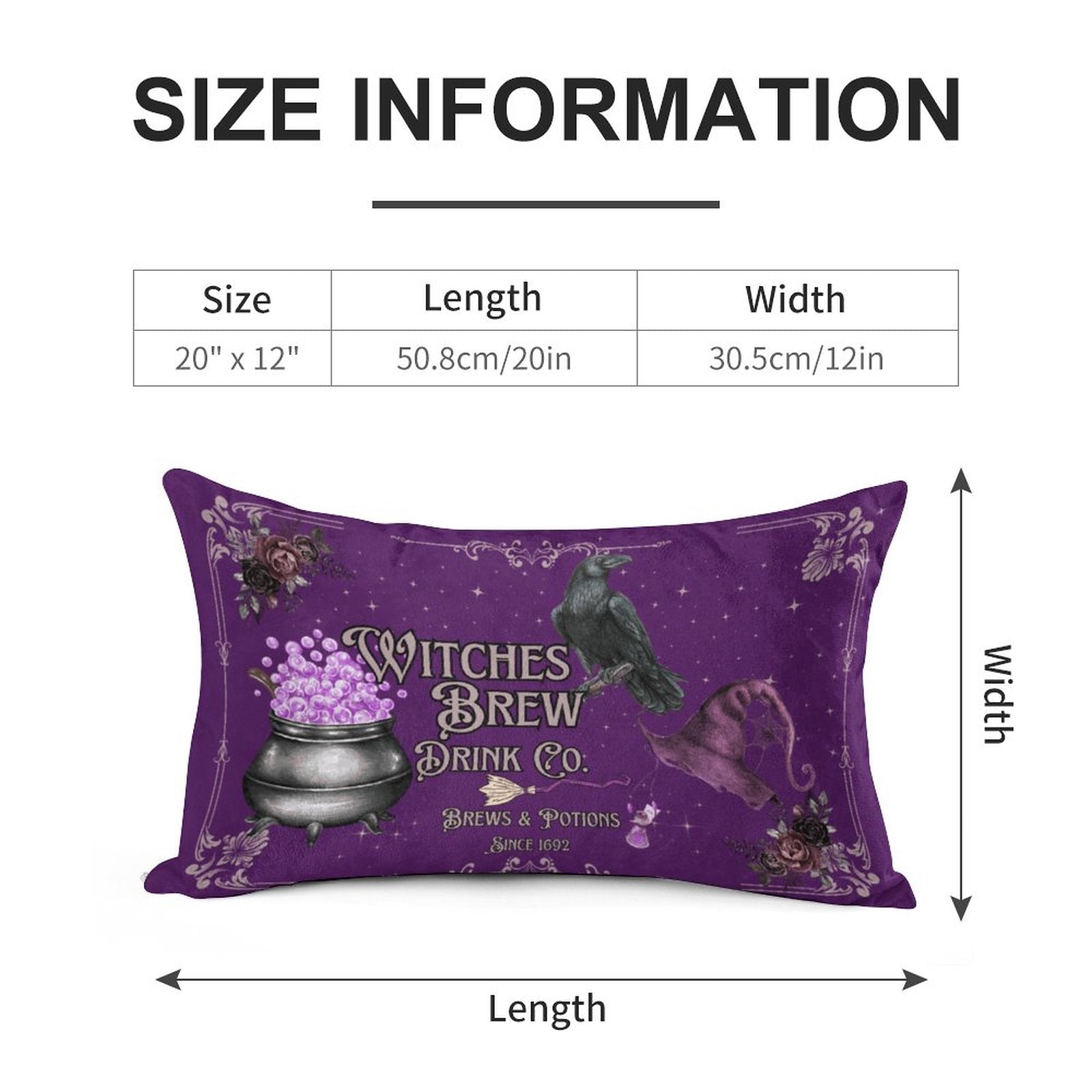 Purple pillow with witch-themed design and size information on a white background