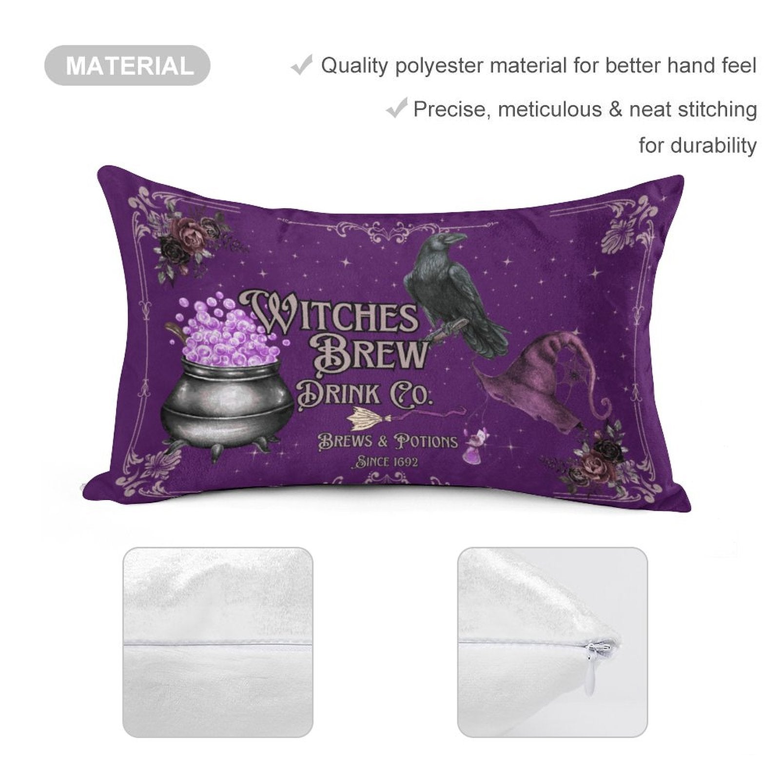 Purple pillow with 'Witches Brew Drink Co.' design and material details on a white background