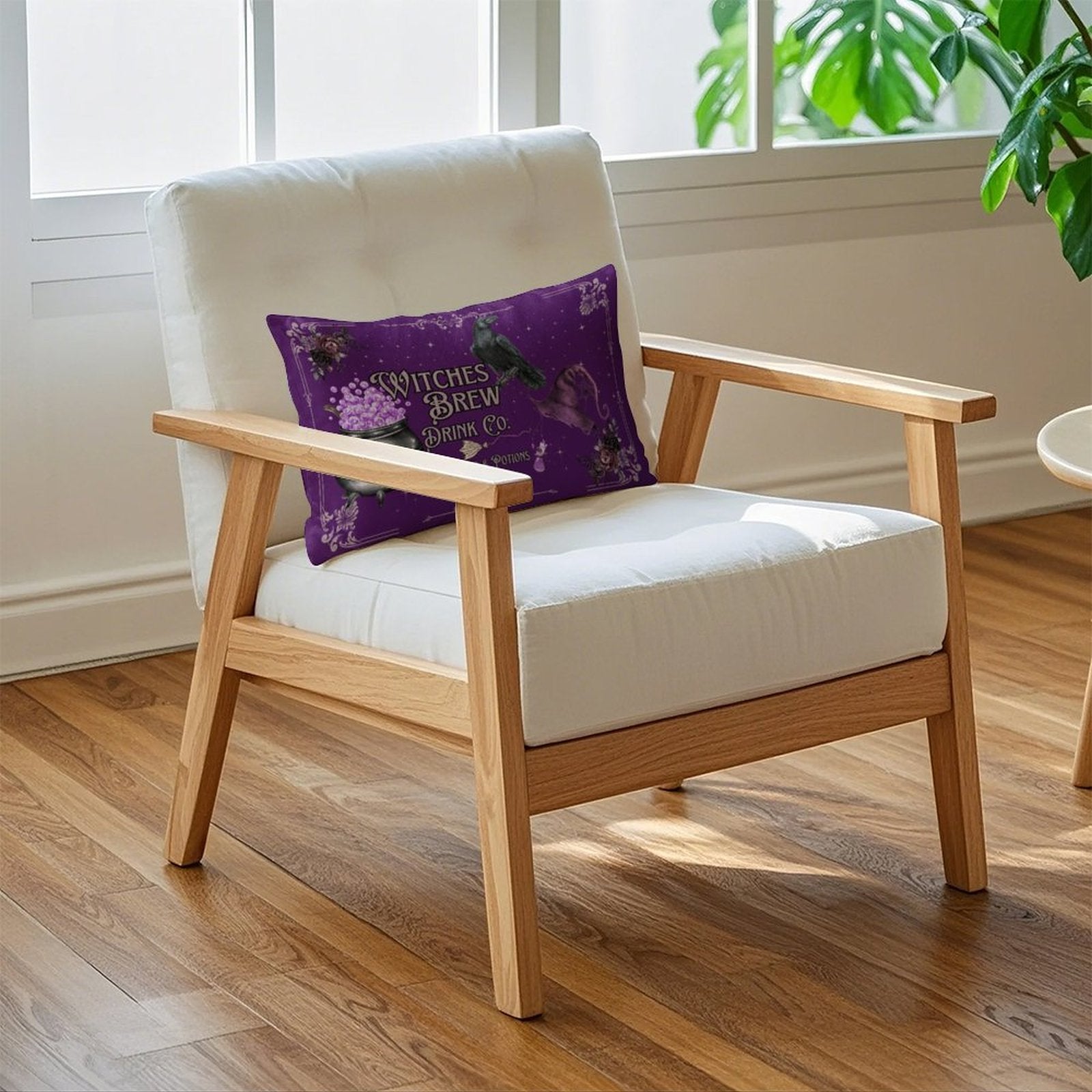 Wooden armchair with white cushion and purple pillow in a bright room with windows and plants.