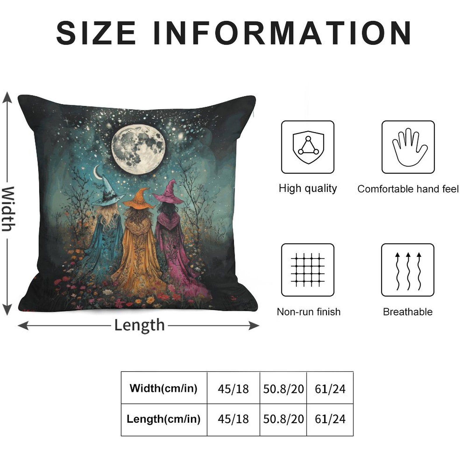 Decorative pillow with witch design and size information on a white background