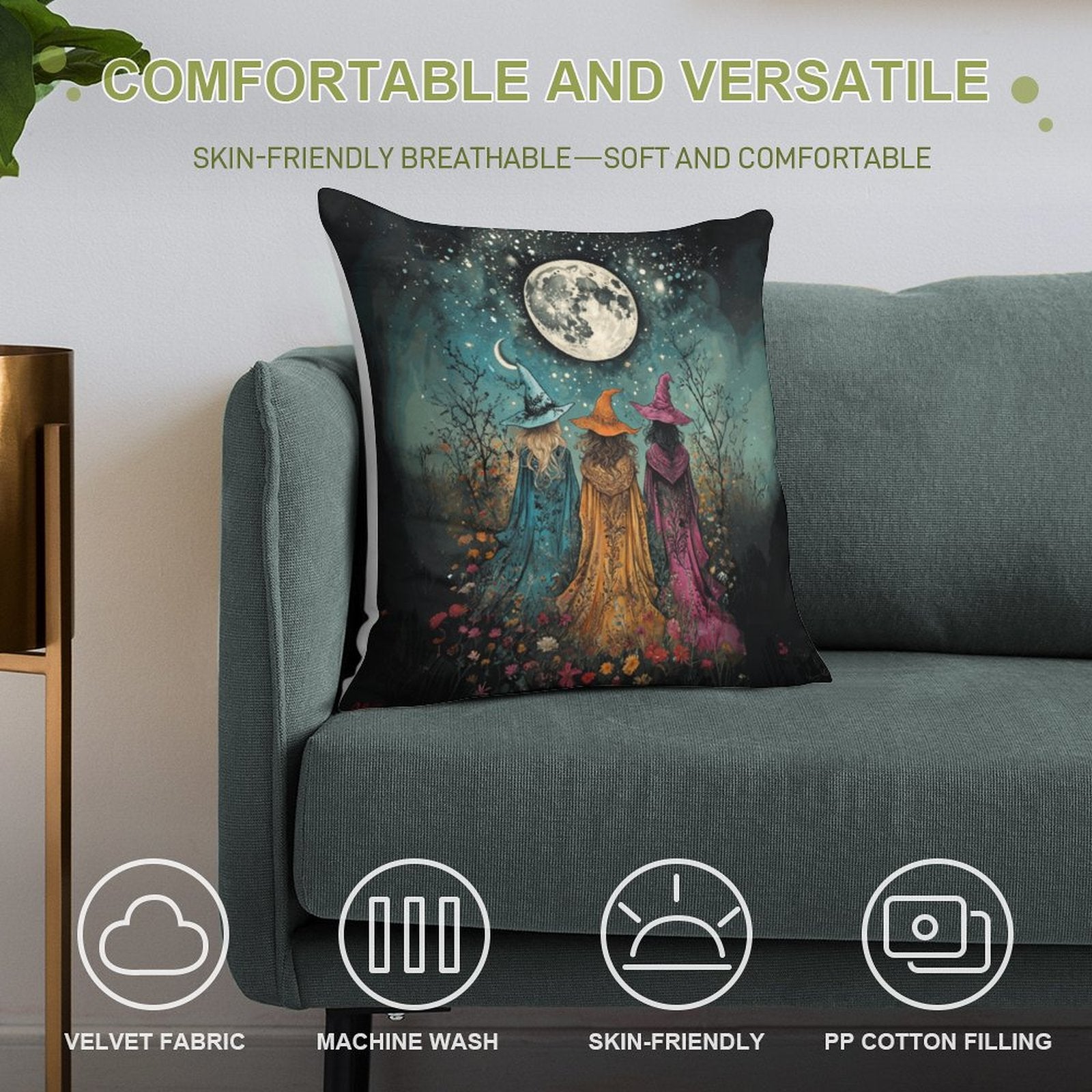Decorative pillow with witch design on a gray sofa, featuring text about comfort and versatility.