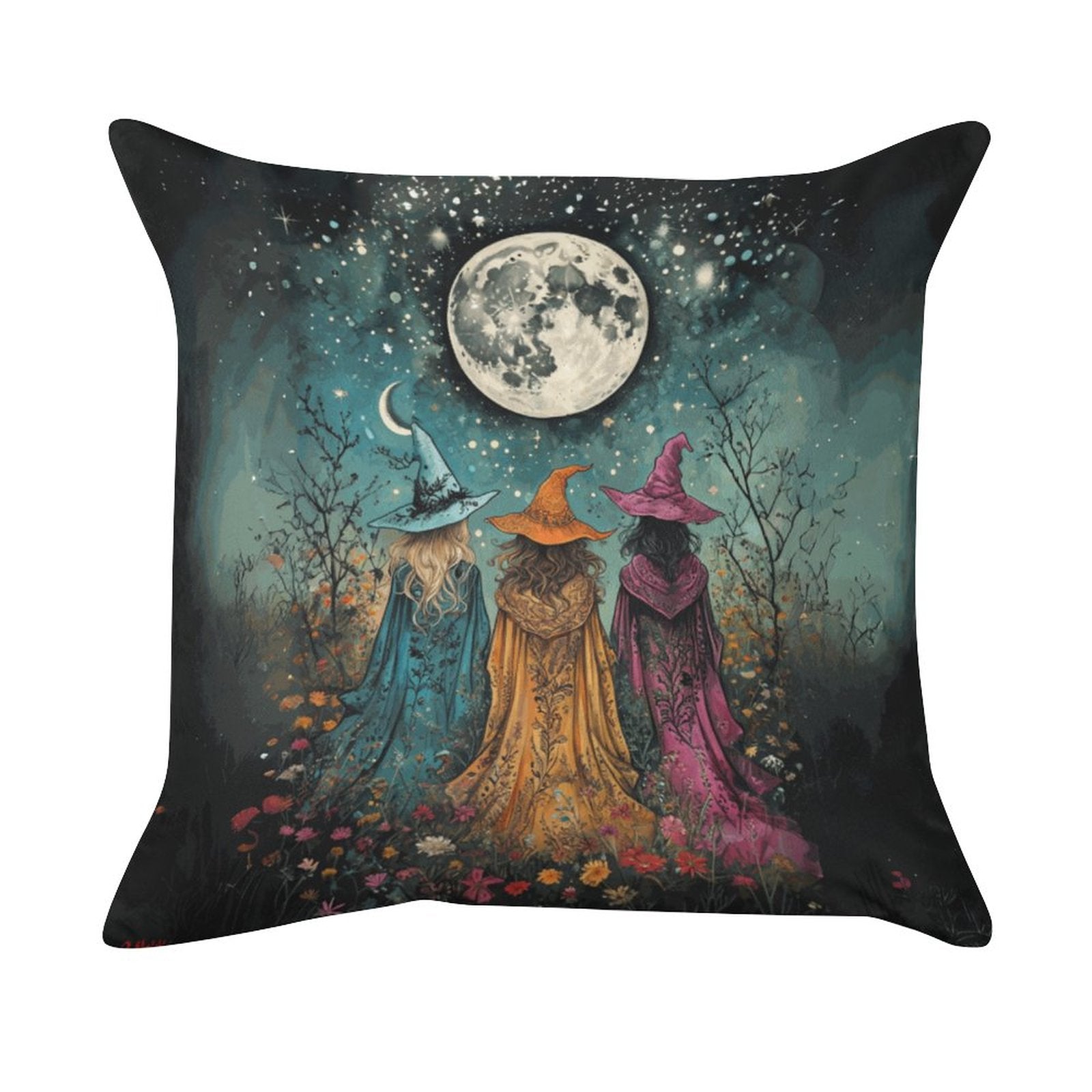 Decorative pillow with three witches under a moonlit sky