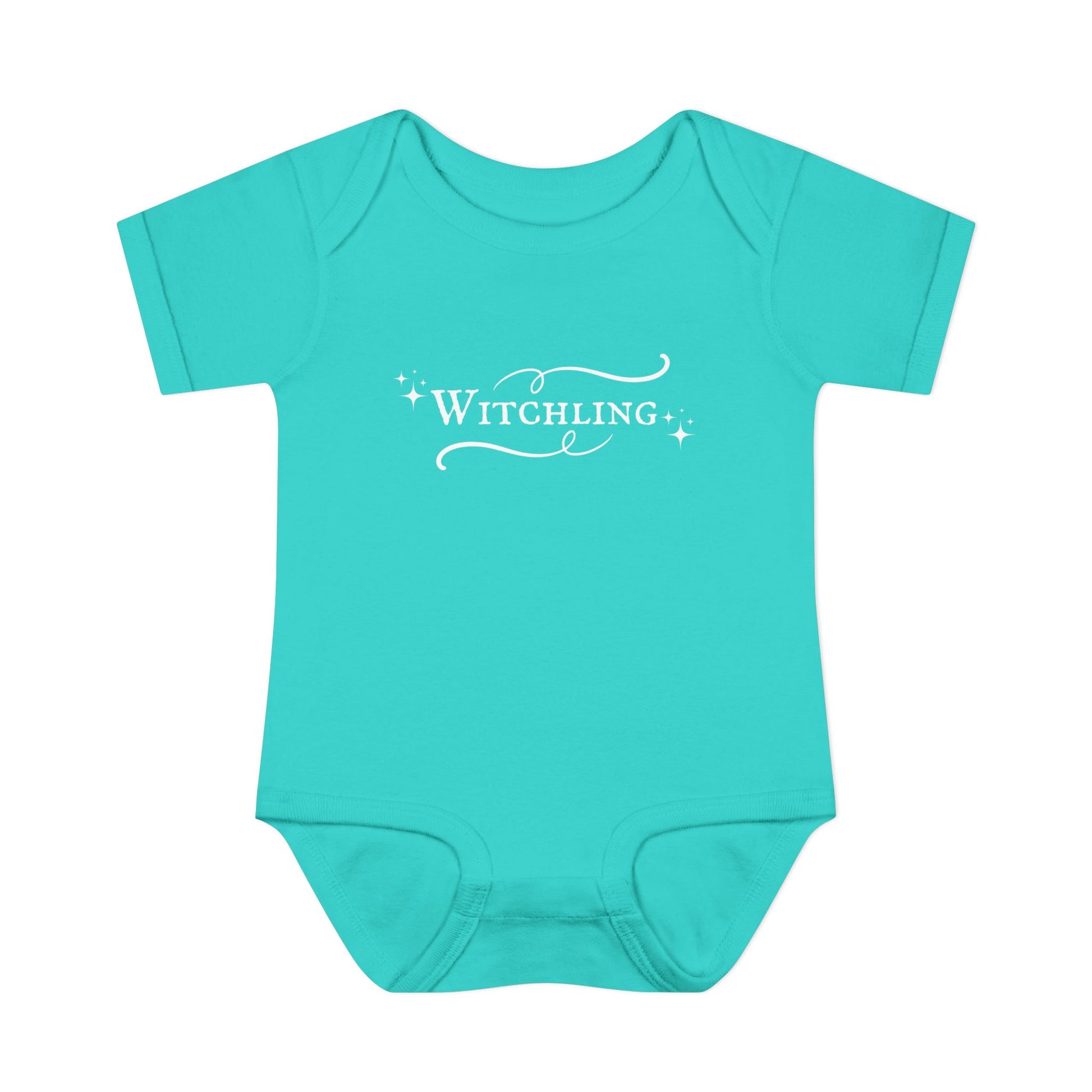 Turquoise baby onesie with 'Witchling' text on a white background