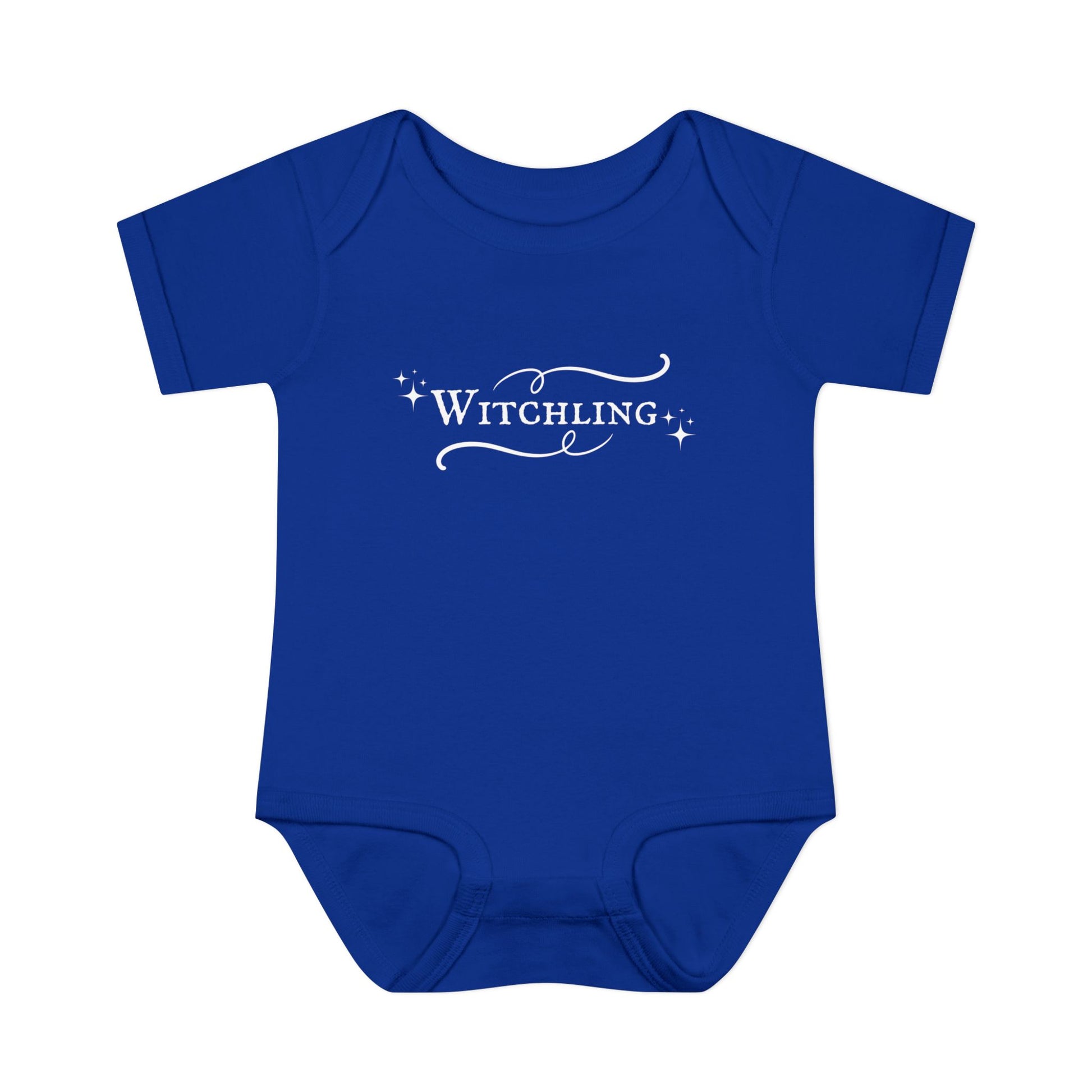 Blue baby onesie with 'Witchling' text on a white background