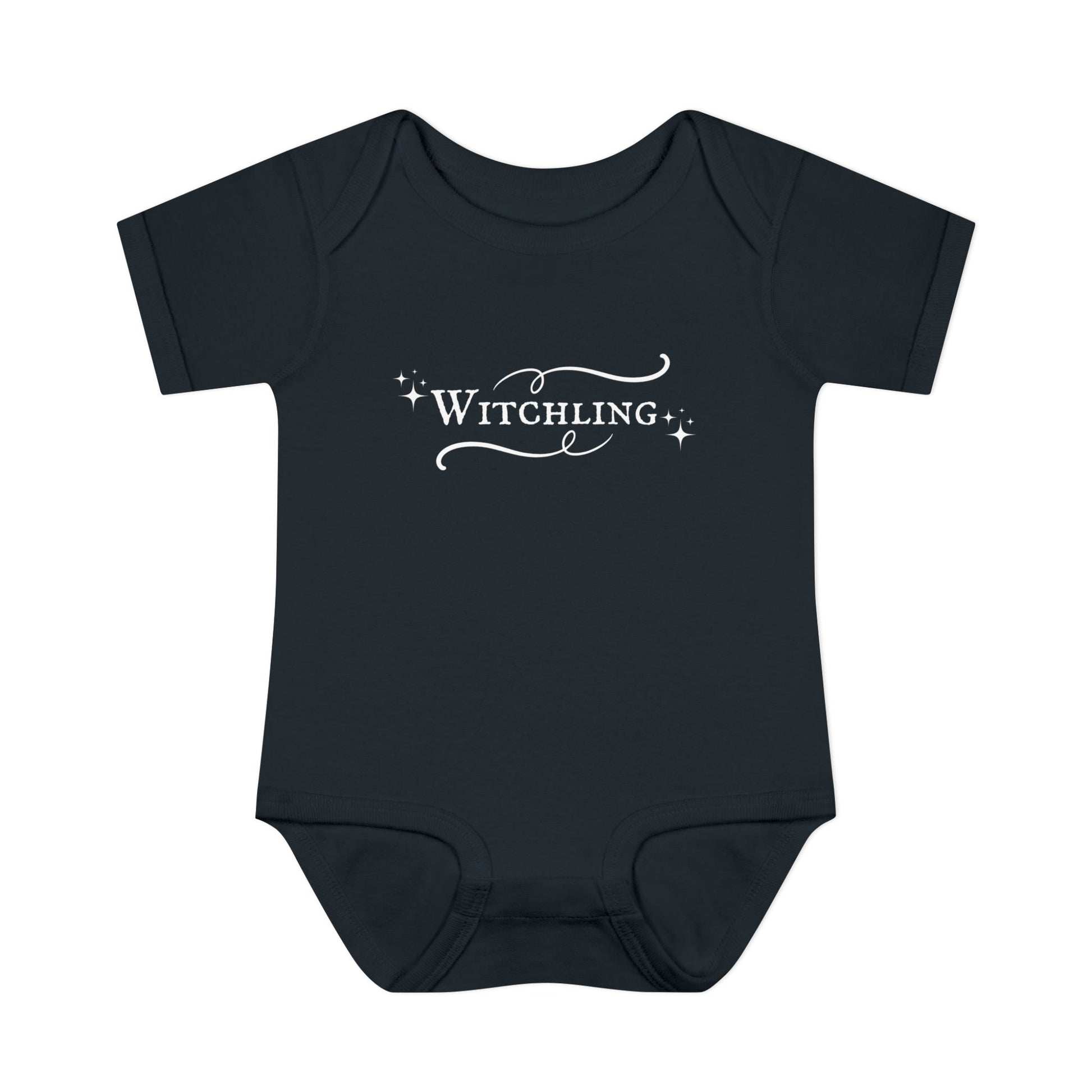 Black baby onesie with 'Witchling' print on a white background