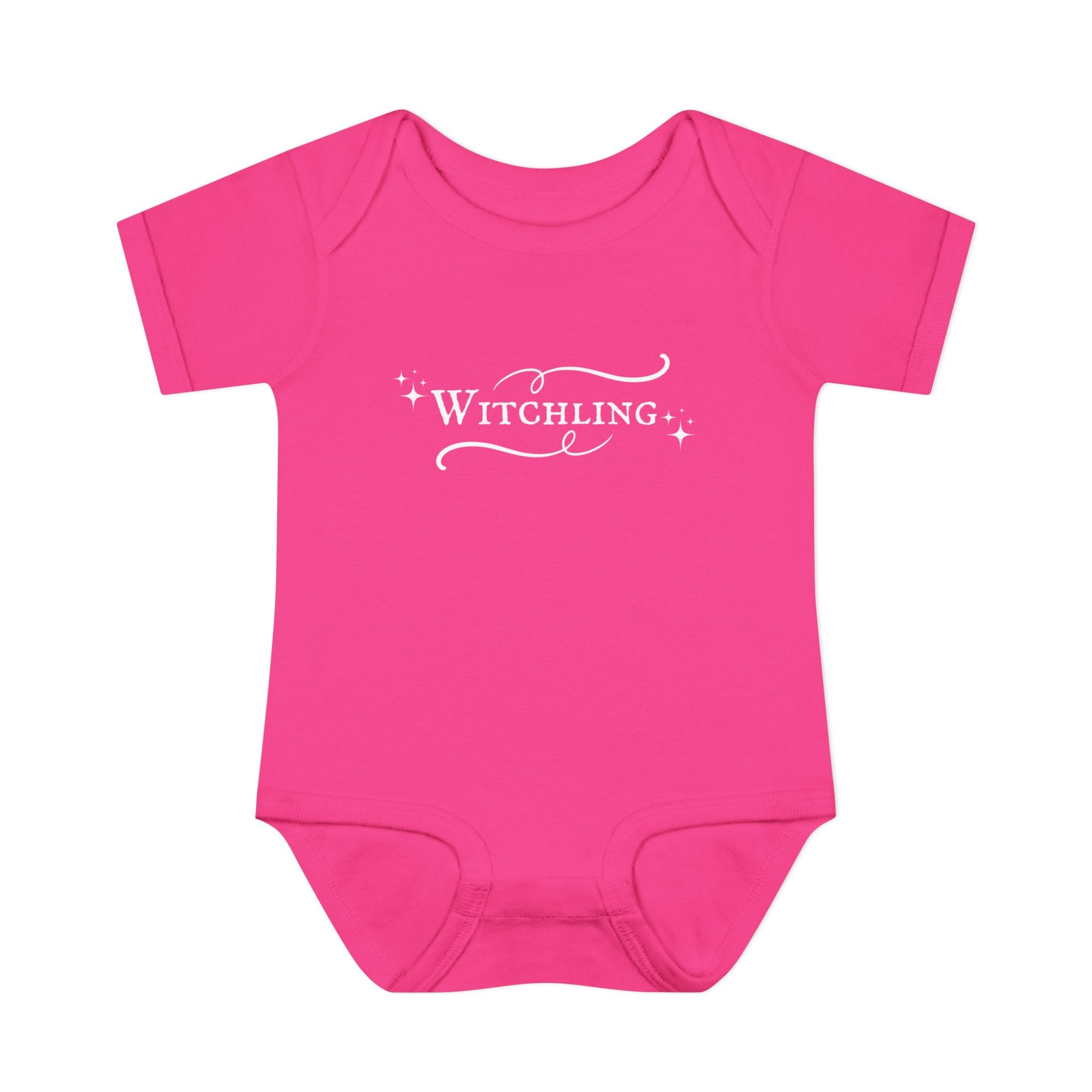 Pink baby onesie with 'Witchling' text on a white background
