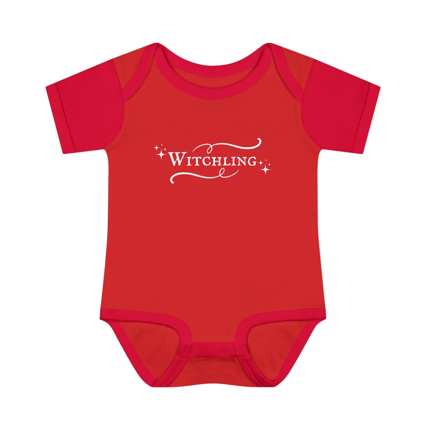 Red baby onesie with 'Witchling' text on a white background