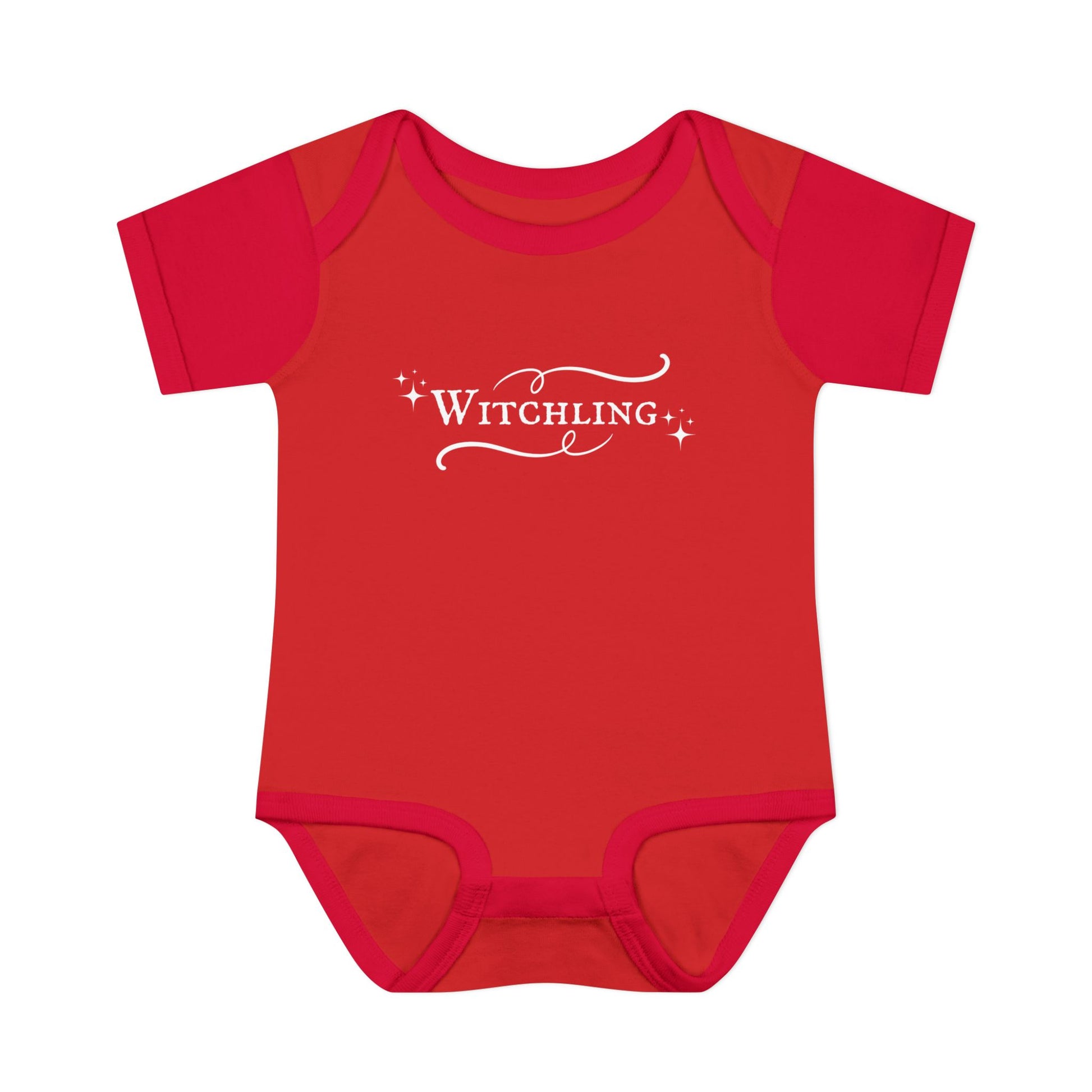 Red baby onesie with 'Witchling' text on a white background